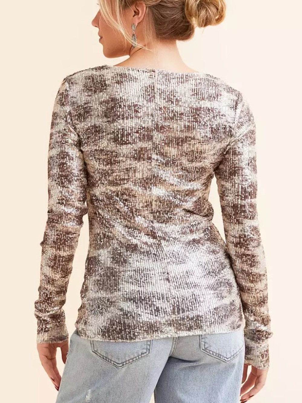 Free People Gold Rush Long Sleeve Sequin Top NWT Alabaster Brown White Silver - Picture 3 of 10